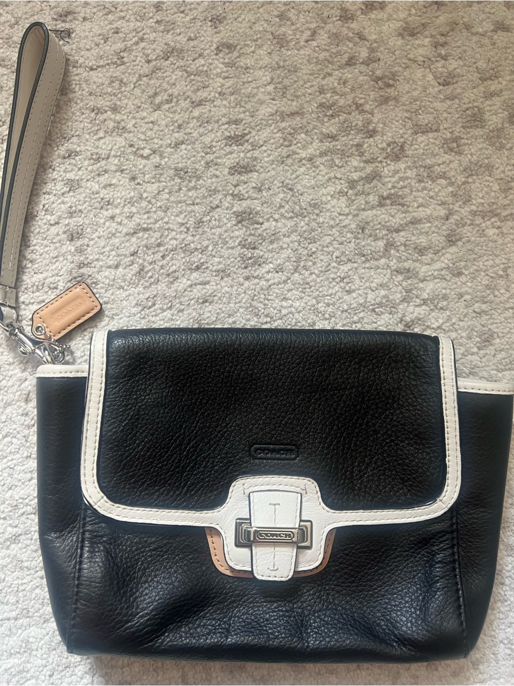 Coach Black Leather Wristlet with White Trim and Tan Accent